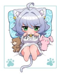 Rule 34 | 1girl, absurdres, animal ear fluff, animal ears, bear, blush, cat ears, cat girl, cat tail, chibi, clothes writing, collar, commentary request, earrings, grey hair, highres, jewelry, looking at viewer, lying, mole, mole under mouth, ngetyan, on back, original, oversized clothes, panties, paw pose, paw print, pillow, print pillow, rabbit, renge (ngetyan), short hair, solo, spiral, star (symbol), striped clothes, striped panties, stuffed animal, stuffed rabbit, stuffed toy, sweater, tail, translation request, underwear