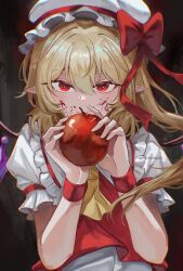 Rule 34 | 1girl, absurdres, apple, ascot, blonde hair, blood, blood on face, cowboy shot, crystal wings, flandre scarlet, food, frills, fruit, hat, highres, mob cap, porkadas22, puffy sleeves, red eyes, red ribbon, ribbon, solo, touhou, wrist cuffs, yellow ascot