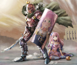 Rule 34 | 1girl, 1other, arm garter, armor, armored boots, arrow in armor, asymmetrical hair, asymmetrical legwear, blood, blue hair, blue thighhighs, boots, bracelet, breastplate, breasts, broken, broken armor, broken sword, broken weapon, candy hair ornament, cape, castle, commentary, crown, crying, detached collar, dirty, dirty face, dress, dust, food-themed hair ornament, frilled dress, frills, full body, gradient hair, green cape, green eyes, hair ornament, helm, helmet, heterochromia, himemori luna, himemori luna (1st costume), holding, holding shield, holding sword, holding weapon, hololive, injury, jewelry, knight, long hair, luknight (himemori luna), medium breasts, mismatched legwear, multicolored hair, necklace, open mouth, orange sky, outdoors, pink dress, pink hair, plate armor, protecting, purple eyes, red ribbon, ribbon, shield, shio no.9, shoulder armor, side ponytail, signature, sitting, sky, standing, strapless, strapless dress, striped clothes, striped ribbon, striped thighhighs, sword, thighhighs, torn cape, torn clothes, translated, two-tone hair, unworn crown, vertical-striped clothes, vertical-striped thighhighs, virtual youtuber, weapon, wind, wind lift