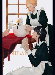 Rule 34 | 3girls, animal, apron, artist name, bird, black dress, black hair, black neckwear, blonde hair, cup, detached collar, dress, drinking glass, duck, from side, glass, hand up, highres, holding, holding cup, long hair, long sleeves, mafiaduck (nilan), maid, maid apron, maid headdress, multiple girls, necktie, nilan 1999, original, pillarboxed, table, white background, window, wine glass