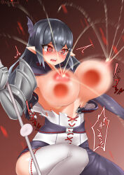 Rule 34 | 1girl, armor, black hair, blush, breast punch, breasts, breasts out, highres, huge breasts, japanese text, lactation, large breasts, milk, nipples, open mouth, pointy ears, polearm, red eyes, sharp teeth, spear, tears, teeth, torn clothes, weapon, yonkuron
