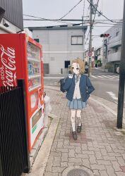 Rule 34 | 1girl, bag, blazer, blue jacket, blue ribbon, blue skirt, brown eyes, brown footwear, brown hair, building, chorohanage, coca-cola, collared shirt, commentary request, crosswalk, day, full body, grey sky, hairband, highres, holding, holding bag, jacket, k-on!, kneehighs, loafers, looking to the side, manhole cover, neck ribbon, open clothes, open jacket, outdoors, pleated skirt, power lines, ribbon, road, road sign, sakuragaoka high school uniform, scenery, school bag, school uniform, shirt, shoes, short hair, sidewalk, sign, skirt, sky, socks, solo, street, tainaka ritsu, traffic light, traffic mirror, trash can, utility pole, vending machine, walking, white shirt, white socks, winter uniform, yellow hairband