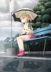 Rule 34 | 1girl, bench, blue eyes, blush, boots, bus stop, flower, from side, full body, hair ribbon, highres, hydrangea, original, outdoors, rain, ribbon, short hair, sign, sitting, skirt, solo, twintails, two side up, umbrella, yoruda