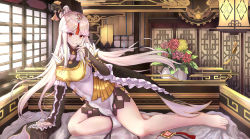 Rule 34 | 1girl, absurdres, bed, breasts, chinese clothes, commentary request, detached sleeves, flower, full body, gem, genshin impact, hair ornament, hairpin, highres, long hair, looking at viewer, ningguang (genshin impact), no shoes, red eyes, silver hair, smile, solo, vase