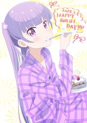 Rule 34 | 1girl, blunt bangs, blush, cake, commentary request, dated, eating, flower, food, food on face, fruit, hair flower, hair ornament, happy, highres, holding, long sleeves, makicha (sasurainopink), new game!, pajamas, pink flower, purple eyes, purple hair, solo, strawberry, strawberry shortcake, suzukaze aoba, twintails