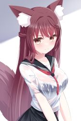 Rule 34 | 1girl, alternate costume, animal ear fluff, animal ears, black sailor collar, black skirt, blush, bra visible through clothes, braid, breasts, brown eyes, brown hair, closed mouth, commentary request, commission, cowboy shot, fox ears, fox girl, fox tail, french braid, furrowed brow, hair intakes, highres, kemonomimi mode, kujou riu, large breasts, long hair, looking at viewer, mahjong soul, medium bangs, neckerchief, red neckerchief, sailor collar, school uniform, serafuku, shirt, skeb commission, skirt, solo, suzunashi rei, tail, very long hair, wet, wet clothes, wet shirt, white background, white shirt