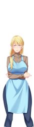 Rule 34 | 1girl, apron, blonde hair, blue eyes, blue pants, blush, breasts, butcha-u, closed mouth, crossed arms, earrings, emmanuel chabrier, game cg, hair over shoulder, jewelry, kenzen! hentai kouboku no tsutome, large breasts, legs, legs apart, long hair, looking at viewer, low ponytail, original, pants, ponytail, smile, solo, standing, sweater, thighs, transparent background, turtleneck, turtleneck sweater