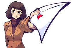 Rule 34 | 1girl, :/, black eyes, brown hair, brown jacket, brown sweater, commentary, frown, holding, holding letter, jacket, kawakami sadayo, letter, medium hair, persona, persona 5, perspective, plow (witch parfait), raised eyebrow, ribbed sweater, solo, sweater, turtleneck, turtleneck sweater