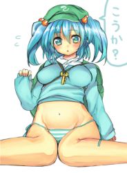 Rule 34 | 1girl, arm at side, arm up, bad id, bad pixiv id, blue eyes, blue hair, blue shirt, breasts, gradient eyes, kawashiro nitori, key, knees together feet apart, lace, lace-trimmed panties, lace trim, long sleeves, looking at viewer, medium breasts, midriff, multicolored eyes, no pants, panties, po. (medamaoyazi), shirt, short hair, short twintails, side-tie panties, sitting, solo, tight clothes, tight shirt, touhou, translated, twintails, two side up, underwear