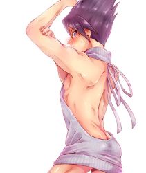 Rule 34 | 10s, 1boy, abs, aoko (blue 9140), arm up, armpits, arms up, ass, blush, butt crack, cowboy shot, danganronpa (series), facial hair, from behind, looking at viewer, looking back, male focus, meme attire, momota kaito, muscular, danganronpa v3: killing harmony, purple hair, short hair, simple background, solo, spiked hair, sweatdrop, toned, toned male, virgin killer sweater, white background