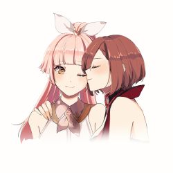Rule 34 | 2girls, ;), absurdres, brown hair, highres, kiss, kissing cheek, looking at another, meiko (vocaloid), meiko (vocaloid3), multiple girls, one eye closed, pink hair, ponytail, short hair, sleeveless, smile, vocaloid, vy1, white background, yellow eyes, yen-mi, yuri