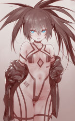 Rule 34 | 1girl, black hair, black jacket, black rock shooter, black rock shooter (character), blue eyes, cameltoe, covered erect nipples, flat chest, gluteal fold, jacket, lips, long hair, navel, nurami (shouji), off shoulder, pale skin, revealing clothes, solo, standing, thigh gap, twintails, uneven twintails