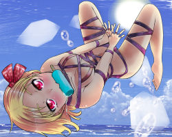 Rule 34 | 1girl, bdsm, blonde hair, blush, bow, breasts, doyouwantto, food, hair bow, hair ribbon, medium breasts, mouth hold, naked ribbon, nude, popsicle, red eyes, ribbon, rumia, short hair, solo, sun, touhou, water