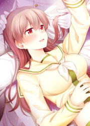 Rule 34 | 1boy, 1girl, :d, admiral (kancolle), arm up, blush, breasts, brown hair, commentary, gloves, hair between eyes, hand on another&#039;s head, hand on own stomach, holding, holding hair, kantai collection, lap pillow, large breasts, light particles, long hair, long sleeves, looking at another, lower body, lying, midriff, military, military uniform, naval uniform, neckerchief, ooi (kancolle), open mouth, out of frame, pants, red eyes, revision, rui shi (rayze ray), sailor collar, school uniform, serafuku, shirt, sidelocks, sitting, smile, solo focus, symbol-only commentary, uniform, upper body, white gloves, white neckerchief, white pants, white shirt, yellow sailor collar, yellow serafuku