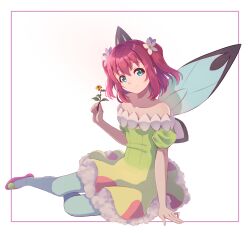 Rule 34 | 1girl, aqua eyes, closed mouth, commentary request, dress, fairy wings, flower, genjitsu no yohane, green dress, hair flower, hair ornament, highres, holding, holding flower, kurosawa ruby, looking at viewer, love live!, love live! sunshine!!, macken, off-shoulder dress, off shoulder, pantyhose, pink footwear, puffy short sleeves, puffy sleeves, red hair, ruby (genjitsu no yohane), shoes, short hair, short sleeves, simple background, sitting, smile, solo, two side up, white background, white pantyhose, wings, yokozuwari