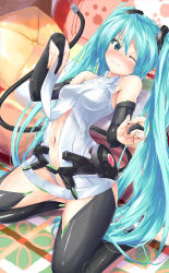 Rule 34 | 1girl, aqua eyes, aqua hair, bare shoulders, blush, breasts, bridal gauntlets, center opening, daidou (demitasse), grimace, hatsune miku, hatsune miku (append), highres, long hair, necktie, sitting, solo, sweat, thighhighs, twintails, very long hair, vocaloid, vocaloid append, wavy mouth, wet, wince, wink