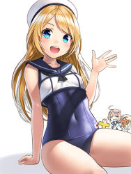 Rule 34 | 3girls, :d, anger vein, black one-piece swimsuit, blonde hair, blouse, blue eyes, blue one-piece swimsuit, blue sailor collar, commentary request, cosplay, hat, head bump, i-58 (kancolle), jervis (kancolle), kantai collection, long hair, multiple girls, one-piece swimsuit, open mouth, pink hair, ro-500 (kancolle), ro-500 (kancolle) (cosplay), sailor collar, sailor shirt, school swimsuit, shirt, short hair, short sleeves, sleeveless, sleeveless shirt, smile, swimsuit, swimsuit under clothes, t-head admiral, unowen, white hat, white shirt