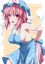 Rule 34 | 1girl, apron, bare arms, bare shoulders, blush, breasts, cleavage, collarbone, ghost, hat, highres, large breasts, looking at viewer, miniskirt, mob cap, naked apron, no bra, nori tamago, open mouth, pink eyes, pink hair, saigyouji yuyuko, sideboob, skirt, smile, solo, touhou, triangular headpiece, veil