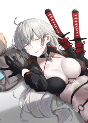 Rule 34 | 1boy, 1girl, ahoge, black choker, black gloves, black jacket, breasts, choker, cleavage, closed eyes, closed mouth, commentary request, cropped jacket, fate/grand order, fate (series), fujimaru ritsuka (male), fujimaru ritsuka (male) (tropical summer), gloves, grey shorts, highres, jacket, jeanne d&#039;arc alter (fate), jeanne d&#039;arc alter (swimsuit berserker) (fate), katana, lap pillow, large breasts, long hair, navel, official alternate costume, out of frame, ri o ne su, shadow, shorts, simple background, sitting, sleeping, stomach, swimsuit, sword, very long hair, weapon, white background
