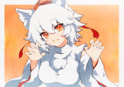 1girl :d animal_ear_fluff animal_ears claw_pose clothing_cutout fang hair_between_eyes hat highres inubashiri_momiji long_sleeves looking_at_viewer open_mouth pom_pom_(clothes) qqqrinkappp red_eyes red_fur red_hat shirt short_hair shoulder_cutout skin_fang smile solo tokin_hat touhou traditional_media upper_body white_hair white_shirt wide_sleeves wolf_ears wolf_girl