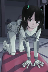 Rule 34 | 1girl, all fours, android, black eyes, black hair, cushion, full body, highres, indoors, joints, looking at viewer, medium hair, original, robot joints, smile, solo, sukabu, tatami, zabuton