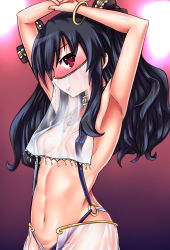 Rule 34 | 1girl, arabian clothes, armpits, black hair, blush, bow, bracelet, breasts, collar, dancer, hair bow, harem outfit, harem pants, highres, jewelry, kurozero, long hair, looking at viewer, mouth veil, navel, necklace, neptune (series), pants, red eyes, see-through, sidelocks, small breasts, solo, two side up, uni (neptunia), veil