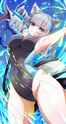 Rule 34 | 1girl, animal ear fluff, animal ears, black one-piece swimsuit, blue archive, blue eyes, breasts, competition swimsuit, covered navel, cowboy shot, cross hair ornament, extra ears, grey hair, hair ornament, halo, highleg, highleg swimsuit, highres, looking at viewer, low ponytail, makurakogeta, marlin (fish), medium breasts, medium hair, mismatched pupils, multicolored clothes, multicolored swimsuit, official alternate costume, one-piece swimsuit, shiroko (blue archive), shiroko (swimsuit) (blue archive), solo, splashing, swimsuit, wolf ears