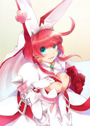 Rule 34 | 1girl, aqua eyes, arc system works, bad id, bad pixiv id, breasts, cleavage, clover, dress, elphelt valentine, flower, four-leaf clover, green eyes, guilty gear, guilty gear xrd, large breasts, long hair, looking at viewer, red hair, rose, shindenkasei, smile, solo, wedding dress
