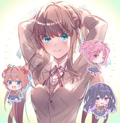Rule 34 | 4girls, :d, aicedrop, alternate hairstyle, aqua eyes, arms up, blue eyes, blush, bow, brown hair, brown jacket, chibi, commentary request, doki doki literature club, hair bow, hair ornament, hair ribbon, hairclip, highres, jacket, long sleeves, looking at viewer, monika (doki doki literature club), multiple girls, natsuki (doki doki literature club), neck ribbon, open mouth, pink eyes, pink hair, purple eyes, purple hair, red bow, red ribbon, ribbon, sayori (doki doki literature club), school uniform, sidelocks, signature, smile, twintails, twitter username, two side up, tying hair, upper body, white ribbon, wing collar, yuri (doki doki literature club)