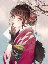 Rule 34 | 1girl, absurdres, blue eyes, brown hair, butterfly ornament, closed mouth, commentary, ears visible through hair, flower, gloves, hand on own chin, highres, japanese clothes, kimono, looking at viewer, multicolored background, original, remon (10112), shadow, short hair, solo