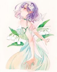 Rule 34 | 1girl, bare arms, bare shoulders, blush, cowboy shot, cropped legs, dress, fairy, fairy wings, flower, from side, hair flower, hair ornament, head wreath, highres, leaf, original, painting (medium), parted lips, pointy ears, profile, purple eyes, purple hair, short hair, simple background, sleeveless, sleeveless dress, smile, solo, srnmomo, traditional media, watercolor (medium), white background, white flower, wings