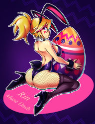 Rule 34 | animal ears, ass, back, boots, breasts, easter, fishnet thighhighs, fishnets, from behind, heart, high heels, highres, kneeling, large breasts, leotard, looking at viewer, looking back, multicolored hair, muse dash, open mouth, orange hair, pink hair, playboy bunny, ponytail, purple eye, rabbit ears, rabbit tail, rin (muse dash), short hair, sideboob, sirlagalot, sitting, solo, spread legs, streaked hair, tail, thigh boots, thighhighs, thighs