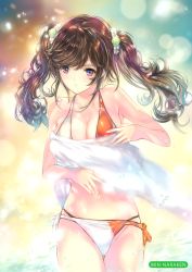 Rule 34 | 1girl, absurdres, artist name, bare arms, bare shoulders, bikini, blurry, blurry background, breasts, brown hair, cleavage, fingernails, hair ornament, highres, light particles, long hair, looking at viewer, medium breasts, melonbooks, min-naraken, navel, parted lips, purple eyes, scan, shiny skin, simple background, solo, stomach, swimsuit, towel, twintails, water, water drop, white towel