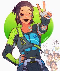 Rule 34 | 1girl, 3boys, apex legends, artist name, black gloves, black hair, blue nails, blue shirt, brown eyes, character name, collarbone, commentary, conduit (apex legends), dark-skinned female, dark-skinned male, dark skin, electricity, english commentary, fingerless gloves, gloves, hand on own hip, highres, holding, holding sign, looking at viewer, multiple boys, one eye closed, shirt, short hair, sign, smile, solo focus, thekittlekat, v