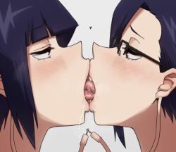 Rule 34 | 2girls, age difference, audio jack, blunt bangs, blush, boku no hero academia, earlobes, eye contact, french kiss, glasses, half-closed eyes, heart, highres, incest, jirou kyouka, jirou mika, karmaniac, kiss, looking at another, mother and daughter, multiple girls, purple eyes, purple hair, short hair, white background, yuri