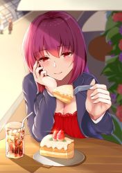 Rule 34 | bad id, bad pixiv id, blush, breast rest, breasts, breasts on table, cake, casual, cleavage, commentary request, cup, drinking glass, fate/grand order, fate (series), food, fork, fruit, glass, hair intakes, head rest, iced tea, incoming food, jacket, large breasts, long hair, long sleeves, looking at viewer, plant, purple hair, red eyes, religious offering, san zhi chun, scathach (fate), smile, solo, straw, strawberry, strawberry shortcake, table