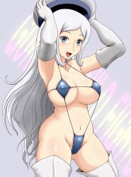 Rule 34 | 10s, 1girl, aila jyrkiainen, bikini, blue bikini, blue eyes, blush, boots, breasts, cowboy shot, curvy, elbow gloves, covered erect nipples, gloves, gundam, gundam build fighters, hat, highres, holding, holding hat, large breasts, long hair, navel, open mouth, silver hair, skindentation, slingshot swimsuit, solo, swimsuit, thigh boots, thighhighs, tof