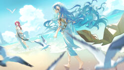 Rule 34 | 2girls, 37 (reverse:1999), :o, akuma (ogino-m), ancient greek clothes, anklet, armlet, bare shoulders, barefoot, beach, bird, blue eyes, blue hair, blue sky, blurry, blurry foreground, brown gloves, cloud, day, drill hair, drill sidelocks, dutch angle, fingerless gloves, floating hair, from behind, full body, gloves, gold choker, greco-roman clothes, green eyes, hair bun, hairband, highres, jewelry, long hair, looking at viewer, looking back, midriff, mountainous horizon, multiple girls, ocean, outdoors, red hair, reverse:1999, sand, seagull, sidelocks, single glove, single side bun, single sleeve, sky, smile, sophia (reverse:1999), standing, toga, turning head, wading, walking, white hairband, wide sleeves