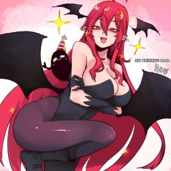 Rule 34 | 1girl, :3, :d, alternate costume, arms under breasts, bat wings, black gloves, black pantyhose, blush, breast hold, breasts, cleavage, collarbone, commentary request, crescent, crescent hair ornament, crossed arms, demon wings, detached wings, gloves, hair between eyes, hair ornament, head wings, koakuma, korean commentary, large breasts, leotard, long hair, looking at viewer, nyong nyong, open mouth, pantyhose, playboy bunny, pointy ears, red eyes, red hair, sidelocks, slit pupils, smile, solo, sparkle, thumbs up, touhou, very long hair, wings