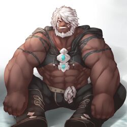 Rule 34 | 1boy, abs, absurdres, bara, beard, bulge, cropped hoodie, dark-skinned male, dark skin, expressionless, facial hair, final fantasy, final fantasy xiv, full beard, full body, hair over one eye, highres, hood, hoodie, istani, looking at viewer, male focus, mature male, muscular, muscular male, navel, original, pencil mustache, revealing clothes, roegadyn, short hair, sitting, solo, stomach, strongman waist, thick beard, thick eyebrows, underpec, very dark skin, warrior of light (ff14), white hair