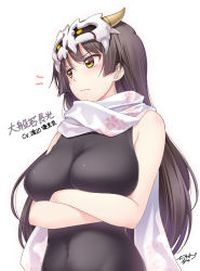 Rule 34 | 1girl, arms under breasts, bare shoulders, black hair, blunt ends, blush, breast rest, breasts, character name, chobipero, cleavage, closed mouth, covered navel, crossed arms, daihannya nagamitsu (tenka hyakken), fake horns, floral print, frown, horns, long hair, looking away, looking to the side, mask, mask on head, print scarf, scarf, sidelocks, simple background, skin tight, sleeveless, solo, tenka hyakken, upper body, white background, white scarf, yellow eyes