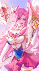 Rule 34 | 1girl, bare shoulders, breasts, cowboy shot, detached wings, elbow gloves, fake horns, gloves, hair horns, hair ornament, hand up, highres, horns, kai&#039;sa, large breasts, league of legends, long hair, looking at viewer, miniskirt, parted bangs, parted lips, pink eyes, pink hair, pink lips, pink skirt, skirt, solo, star (symbol), star guardian (league of legends), star guardian kai&#039;sa, teeth, two-tone skirt, wan wan, white gloves, wings