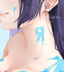 Rule 34 | 1girl, blue background, breasts, cleavage, commentary, english commentary, highres, large breasts, long hair, love live!, love live! school idol project, niant9n, nude, paint on body, paint splatter, paint splatter on face, parted lips, portrait, purple hair, smile, solo, tojo nozomi, twitter username