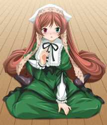 Rule 34 | 00s, 1girl, blush, brown hair, dress, drill hair, frills, green eyes, hat, heterochromia, long hair, long sleeves, looking at viewer, maroppe, open mouth, red eyes, ribbon, rozen maiden, shoes, sitting, solo, suiseiseki, twin drills, twintails, very long hair