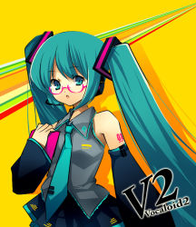 Rule 34 | 1girl, aqua hair, atlus, bespectacled, glasses, hatsune miku, headset, long hair, necktie, parody, persona, persona 4, shinia, solo, twintails, vocaloid