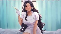 Rule 34 | 1girl, absurdres, artist request, bad source, black hair, breasts, collarbone, curtains, dress, earrings, gloves, gold earrings, hat, highres, holding, holding syringe, jewelry, large breasts, lips, long hair, mole, mole under eye, nijisanji, nijisanji en, nurse, nurse cap, on bed, open mouth, pillow, red eyes, scarle yonaguni, second-party source, short sleeves, solo, syringe, virtual youtuber, white dress, white gloves