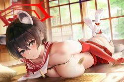 Rule 34 | 1girl, absurdres, animal ears, ass, black hair, blue archive, blush, breasts, cleavage, elbow gloves, gloves, gu lan, hair between eyes, halo, highres, large breasts, looking at viewer, lying, on stomach, panties, parted lips, photo-referenced, red gloves, red sailor collar, red skirt, sailor collar, short hair, skirt, soles, solo, sweat, tsubaki (blue archive), underwear, white panties