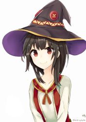 Rule 34 | 1girl, absurdres, artist name, bad id, bad pixiv id, black hair, button eyes, buttons, captain3140, casual, collarbone, hat, highres, kono subarashii sekai ni shukufuku wo!, looking at viewer, megumin, red eyes, short hair, simple background, smile, solo, upper body, v arms, white background, witch hat