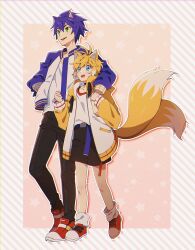 Rule 34 | 2boys, animal ears, arm around shoulder, banri 0917, black pants, blonde hair, blue eyes, blue hair, blue jacket, blush stickers, child, clenched hand, commentary request, diagonal stripes, fox boy, fox ears, fox tail, full body, green eyes, hand in pocket, highres, humanization, jacket, korean commentary, long sleeves, male focus, multiple boys, multiple tails, open clothes, open jacket, open mouth, pants, pink background, red footwear, shirt, shoes, short hair, simple background, smile, sonic (series), sonic the hedgehog, standing, star (symbol), striped, striped border, tail, tails (sonic), two tails, white shirt, yellow jacket
