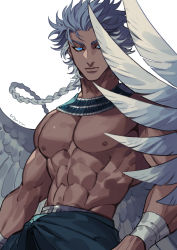 Rule 34 | 1boy, artist name, azaya (kuroi azaya), bird boy, bird wings, blue eyes, blue hair, bracer, braid, braided ponytail, closed mouth, colored sclera, colored tips, dark-skinned male, dark skin, egyptian, egyptian clothes, feathered wings, grey hair, grey sclera, grey wings, long hair, looking at viewer, male focus, multicolored hair, muscular, muscular male, original, pectorals, personification, simple background, solo, topless male, upper body, usekh collar, white background, wings